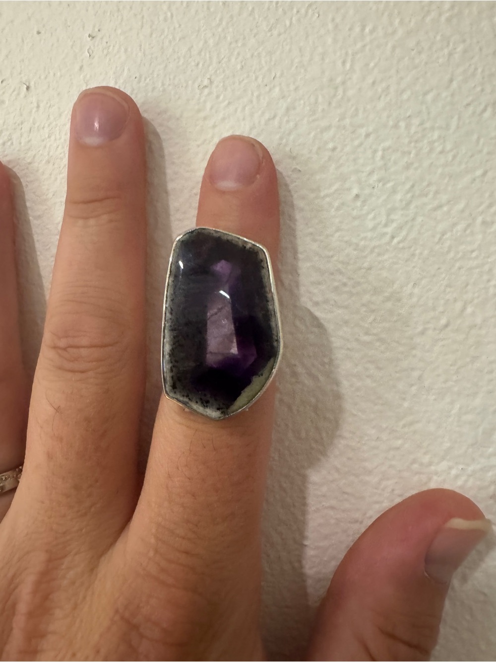 Amethyst Statement Ring - Purple Gemstone Silver Band adjustable size